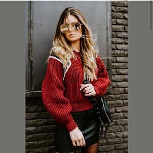 NWT $350 FRAME Chunky Knit Cotton Sweater in Calvary Red Black White